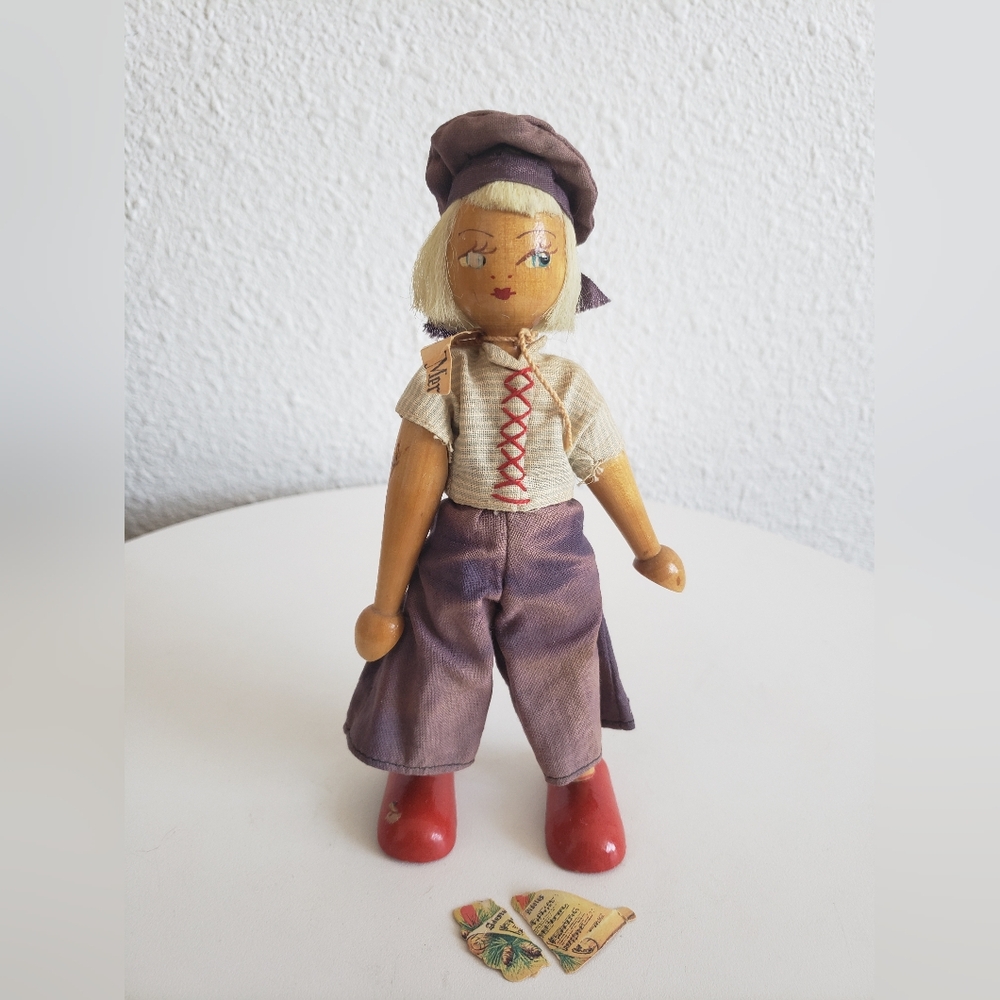 Vtg MC 1940-70 Poland Handmade Handpainted Jointed Peg Doll Girl#